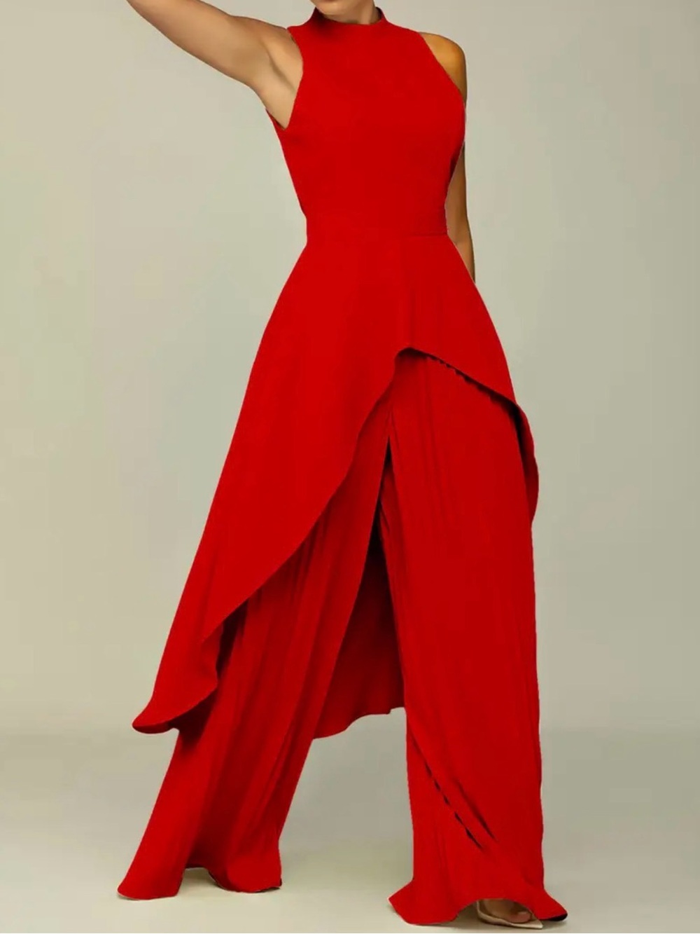 NWT Elegant Red High-Neck Draped Jumpsuit